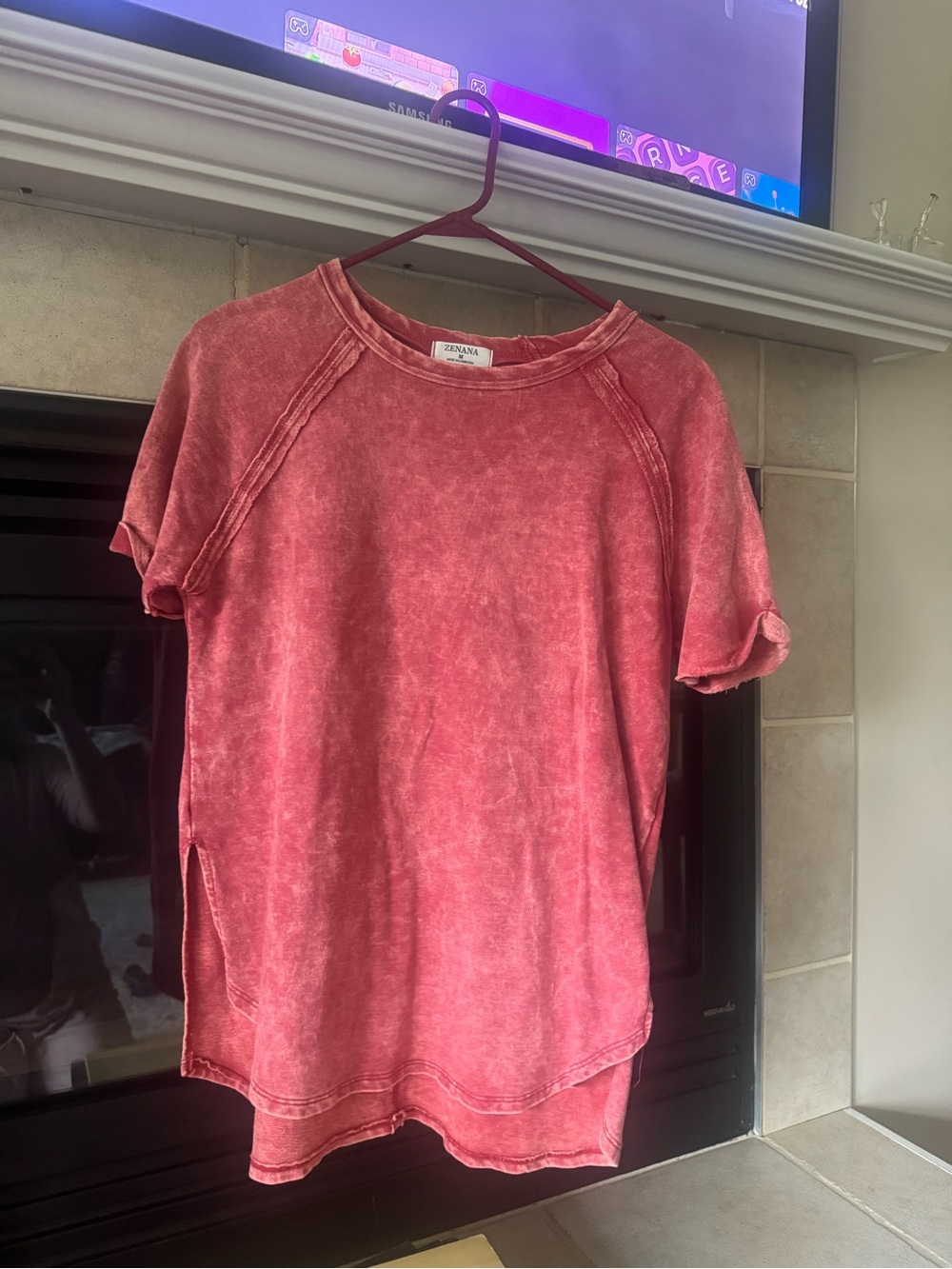 Zenana Outfitters Short Sleeve Mineral Wash Tee in Coral Red